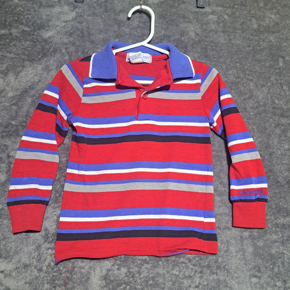 VTG OshKosh B'gosh Boys 4T Striped Long Sleeve Polo Shirt Red Blue USA Retro Kid